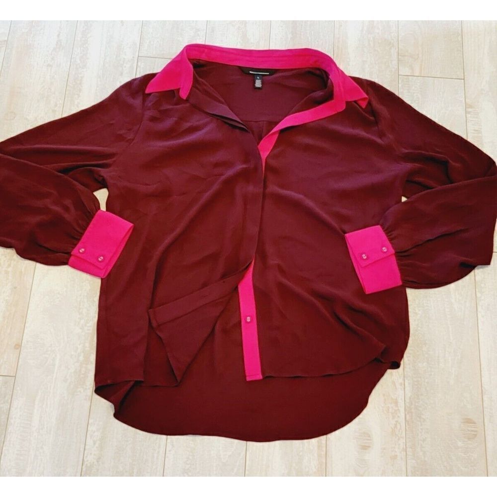 WHBM L Button Front Top Women's Long Sleeve Blouse‎ Shirt Maroon/Pink